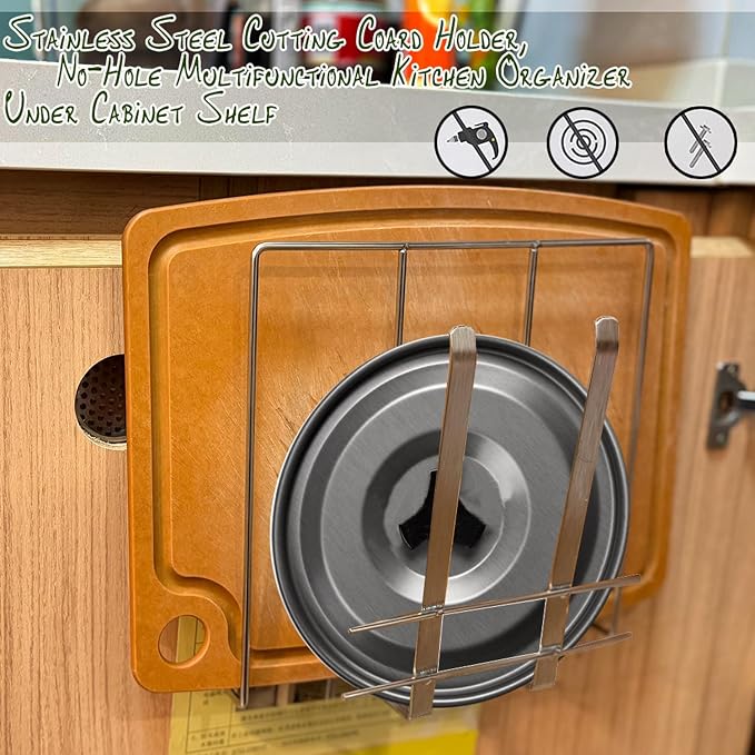 Under Cabinet Cutting Board Organizer, Stainless Steel 2 in1 Pot Lid & Chopping Board Rack, Cutting Board Storage, Kitchen Pot Lid Holder, Under Cabinet Shelf for Home Kitchen Utensils, Paper Towel