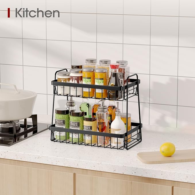Sakugi Fruit Basket for Kitchen Counter - 2-Tier Fruit Bowl with Removable Banana Hanger & Handles, Rustproof Fruit Holder for Kitchen, Living Room, Bathroom, 13.4"×8.7"×11.7", Black