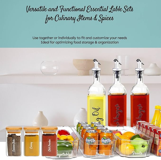 Mintitude Clear Spice Jar Labels, Fridge Labels for Food Storage Containers, Preprinted Script Clear Oil & Vinegar Stickers for Fridge, Freezer and Pantry Water & Oil Resistant (Kitchen Combo)