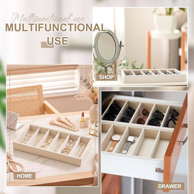 Juexica 4 Pcs Velvet Sunglasses Organizer Tray 6 Grid Sunglass Organizer Velvet Tray Stackable Glasses Display Case for Women Glasses Jewelry Display Watch (Beige PU)