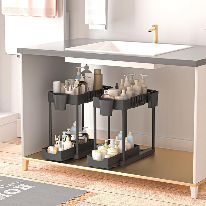 2 Pack Under Sink Organizer, 2 Tier Cabinet Organizer for Bathroom & Kitchen with Sliding Basket, Multi-Purpose Under Sink Organizers and Storage, Black
