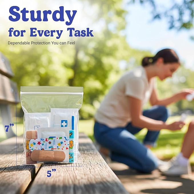 Heavy Duty Zip Seal Lock Sandwich Storage Bags, Reusable Plastic Bag, 6 Mil Thick Poly Freezer Baggies for Travel, Food, Toiletries, 5"x7", Pack 50