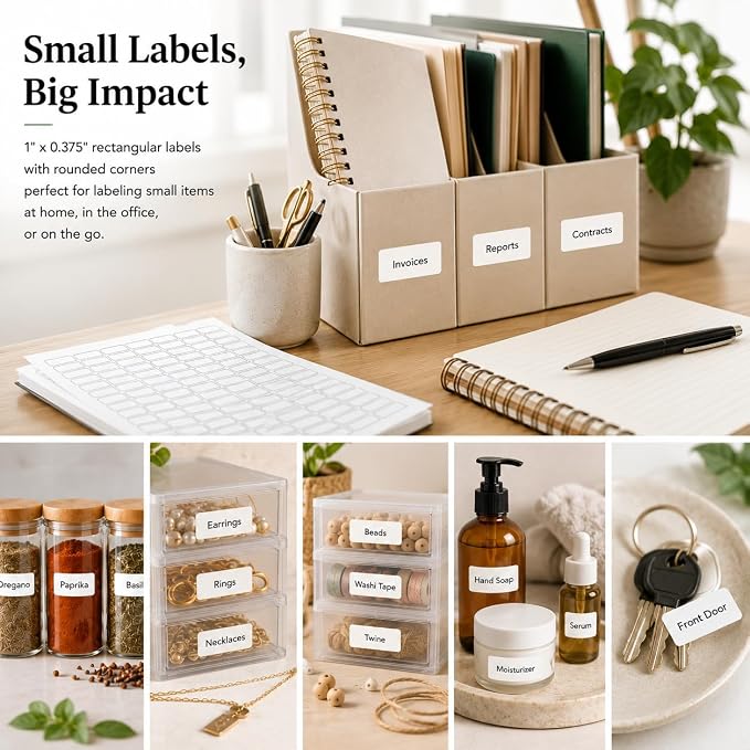 Small Sticky Labels White Rectangular Labels 1" x 0.375 + Bonus Color Labels - White Coding Labels for Printer Produce Excellent Results with Laser Printer-Template Included! 1660 Pack