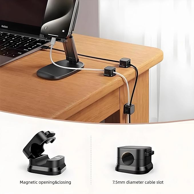 6Pack Spring Cord Organizer,Magnetic Cable Clips, Cable Management, Office Desk Accessories, Cord Organizer, Cable Smooth Adjustable,for Desk, Wall, Car, Home Office, Phone Cable Management (Black)