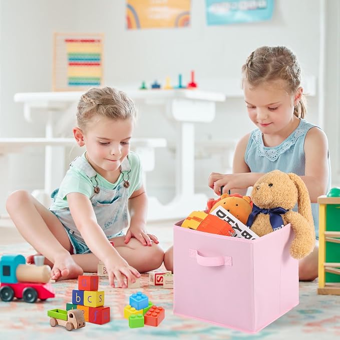 Stero 13x13x13 Inch Fabric Storage Bins 6 Pack Fun Colored Durable Storage Cubes with Handles Foldable Cube Baskets for Home, Kids Room, Closet and Toys Organization Pink