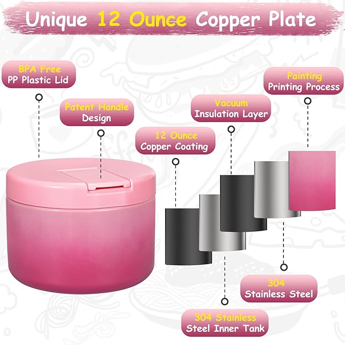 Pawtong 12oz Insulated Vacuum Food Jar with Buckle Lid Wide Mouth Soup Thermo for Hot Food Kids Leakproof Stainless Steel Lunch Container (Gradient Pink, 12OZ)