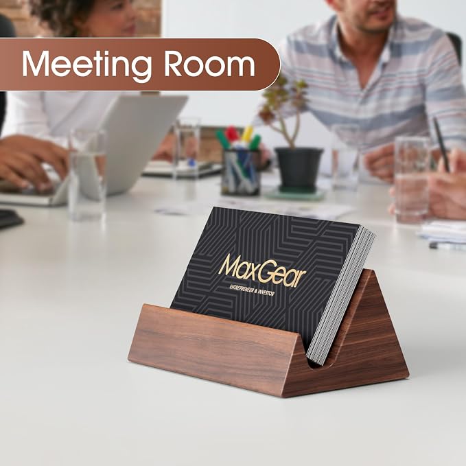 MaxGear Walnut Wood Business Card Holder | Wooden Desk Organizer for Storing & Displaying Business Cards, Elegant Mountain Design with Non-Slip Base for Office
