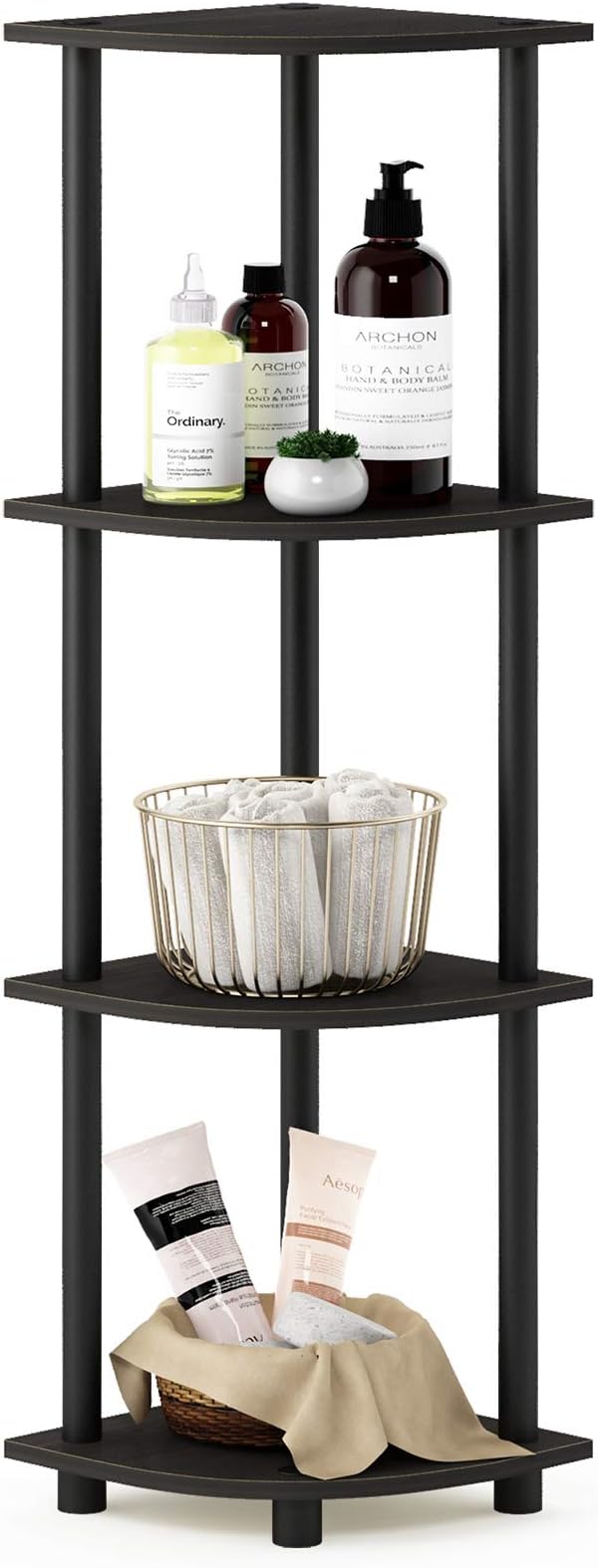 Furinno Turn-N-Tube Toolless Assembly 4-Tier Corner Shelf, Black Corner Book Shelf, Open Shelves Bookshelf, for Organization and Storage, Living Room, Home Office, Bedroom, Black Espresso