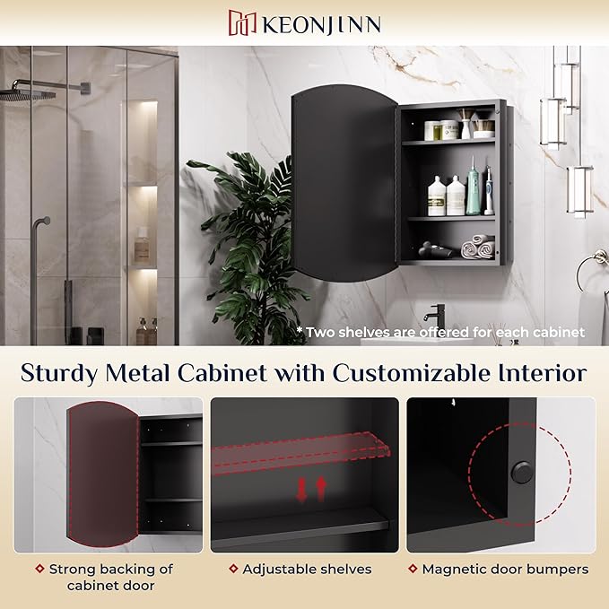 Keonjinn Black Medicine Cabinet with Mirror 20” x 30”, Metal Framed Wall Cabinet with Beveled Mirror, Surface Mount or Recessed Arched Medicine Cabinet for Bathroom,Bathroom Mirror with Storage