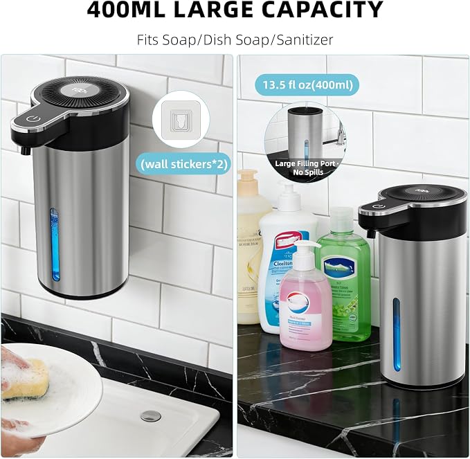 Touchless Automatic Foaming Soap Dispenser for Kitchen, Rechargeable, 13.5oz Large Capacity, Fast Sensor, 4 Adjustable Liquid Levels, Waterproof, Clog-Free Pump(Stainless Steel Foam)