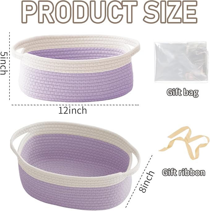 JMvicyroam Woven Basket,Small Rope Storage Bin with Handles & Ribbon Bag, Organizer for Shelves Closets,Gift Basket Empty for Birthday,Books,Dog Toys, White&Purple/3 Pack