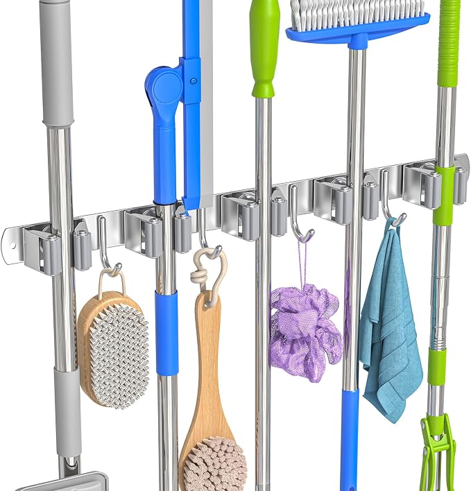 Broom Holder Wall Mount Mop Organizer, 5 Racks 4 Hooks | Premium Stainless Steel Broom Hanger for Durable Rustproof Tool Rack Storage in Home, Kitchen, Garden, Laundry, Garage