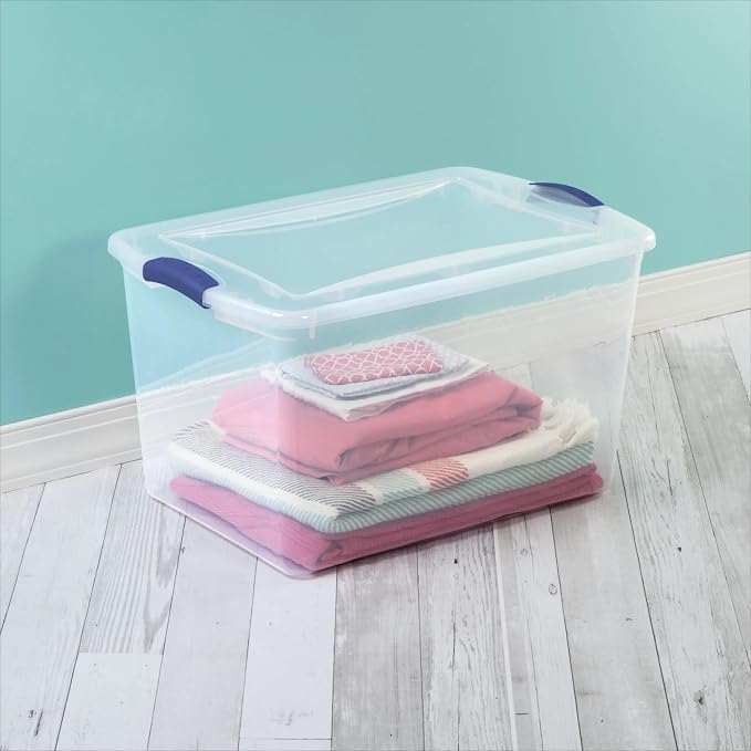 66 Qt Storage Bins 6-Pack, Clear Plastic Containers with Latching Lids | Clear Base & Lid, Secure Blue Latches, Recessed Stacking, 66Qt Capacity, BPA-Free Plastic