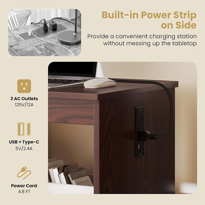 Giantex Folding Sewing Table with Charging Station, Storage Trays & Shelf | Rolling Craft Table with Lockable Wheels, Foldable Sewing Machine Cabinet Desk for Small Spaces, Dorms, Espresso