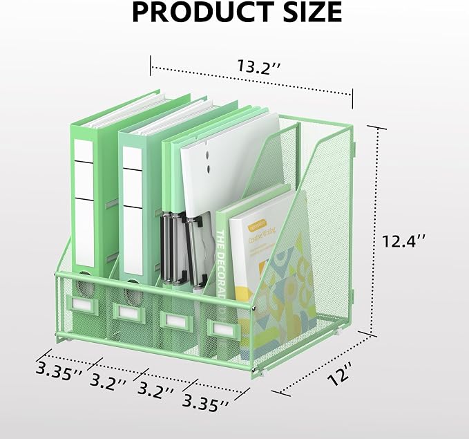 4 Vertical Compartments Magazine File Holder, Binder Organizer, Mint Green | Space-Saving Desktop Storage, Built-In Label Holders, Anti-Slip Feet, Sized for Binders, Folders, Magazines and Files