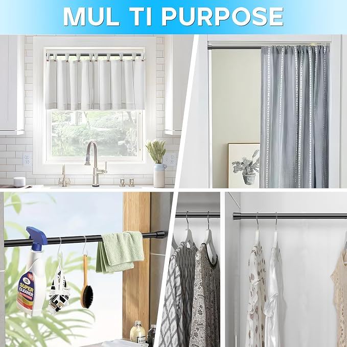 Spring Tension Curtain Rods 26-39 Inch Black 2 Pack | No-drill & tool-free setup. Fits windows, kitchens, doorways. Rust-resistant, great for light curtains.