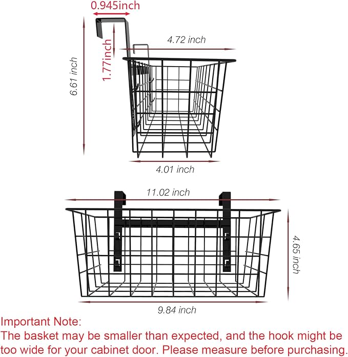 MaraFansie Hanging Kitchen Baskets Wire Storage Basket Over the Cabinet Door Organizer, No Drilling Adhesive Basket for Cabinet Pantry Organization and Kitchen, Bathroom, Storage Black, 2 Pack(New)