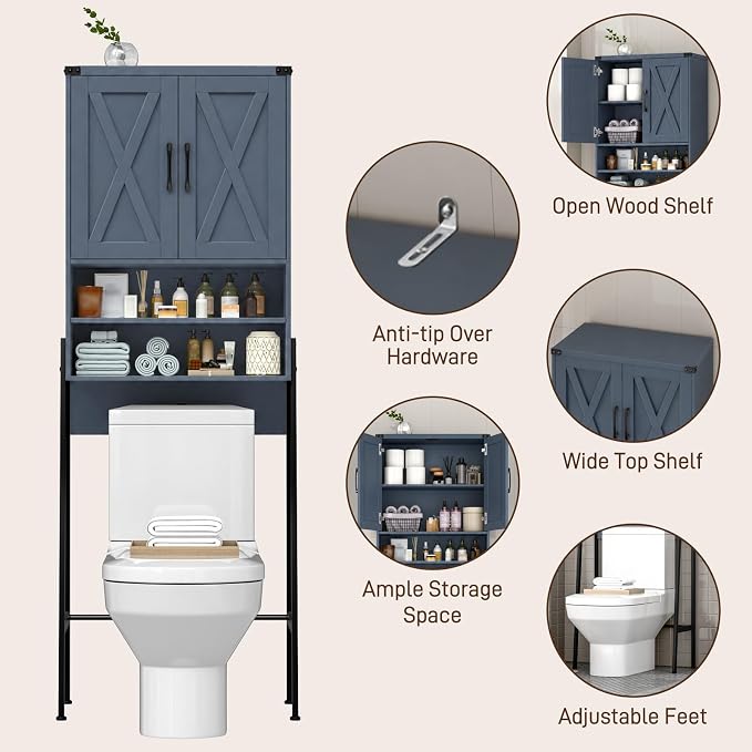Vabches Over The Toilet Storage Cabinet, Farmhouse Over Toilet Storage Cabinet, Metal Frame with 2 Barn Doors, Home Space-Saving Toilet Rack for Bathroom, Toilet, Laundry Room.Blue