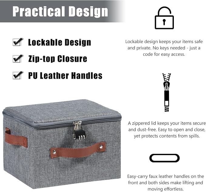 2PCS Storage Bins Boxes with Zipper Lid Combination Lock Cotton Linen Fabric Lidded Lockable Baskets PU Leather Handles Collapsible Washable Closet Shelf Organizer Container (Gray, Small)