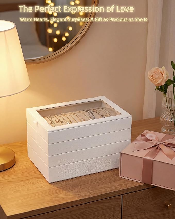4-Layer Stackable Jewelry Organizer Trays with Tempered Glass Lid, White PU Leather Jewelry Drawer Inserts Display Case, Large Storage Box for Earring Necklace Ring Sunglasses