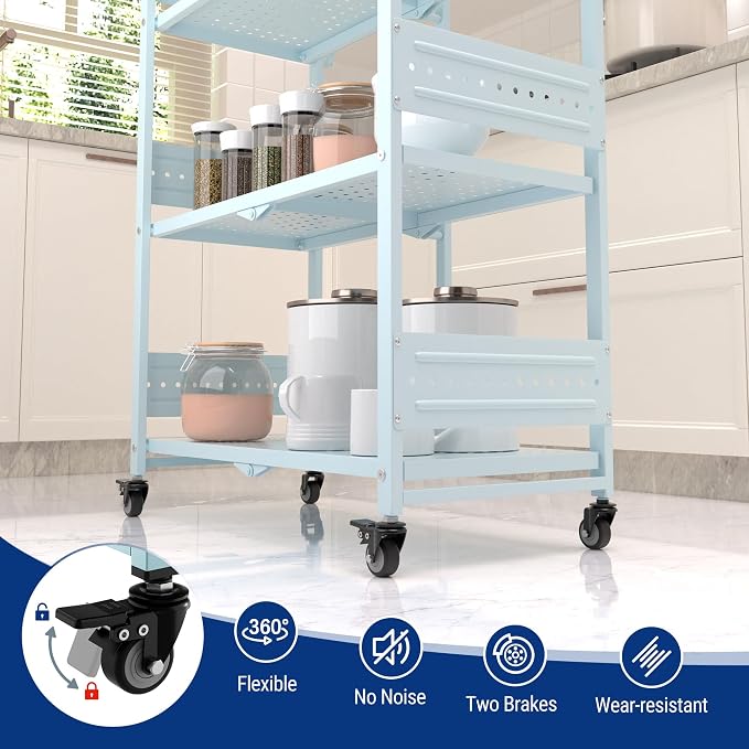 WORKPRO 5-Tier Folding Shelf, No-Assembly Metal Storage Rack with Wheels, 750 lbs Capacity (with Leveling Feet), Collapsible Shelving Unit for Kitchen, Pantry, Closet & Craft Shows - Blue