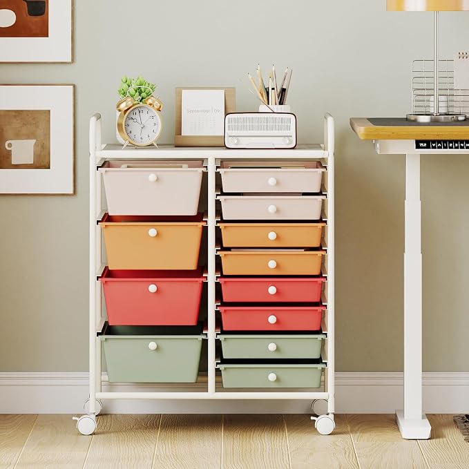 COSTWAY 12 Drawer Rolling Storage Cart, Utility Cart with Metal Frame | Mobile Art Supply Craft Organizer, Multipurpose Storage Organizer for Paper, Office, School Teacher, Classroom, Macaron