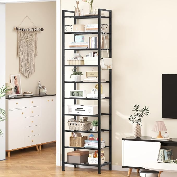 usikey 10 Tiers Narrow Shoe Rack 20-30 Pairs, Sturdy Metal Tall Shoe Rack Shelf with 4 Hooks, Slim Shoe Storage with Metal Shelf, Space Saving Vertical Shoe Organizer for Closet Entryway, Black