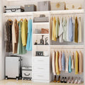 Closet System with 3 Drawers, 5FT-8FT Closet Organizer System Walk in Wooden Closet Storage System with Shelves Expandable Hanging Rods Built-in Closet Corner Wall Mount, White