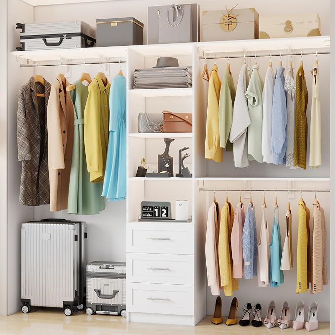 Closet System with 3 Drawers, 5FT-8FT Closet Organizer System Walk in Wooden Closet Storage System with Shelves Expandable Hanging Rods Built-in Closet Corner Wall Mount, White