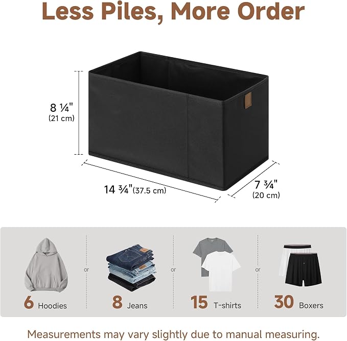StorageWorks Fabric Storage Bins, Narrow Baskets for Storage, Small Baskets for Organizing with PU Handle, Suitable for Clothes, Books, and Toys, Black, 4-Pack