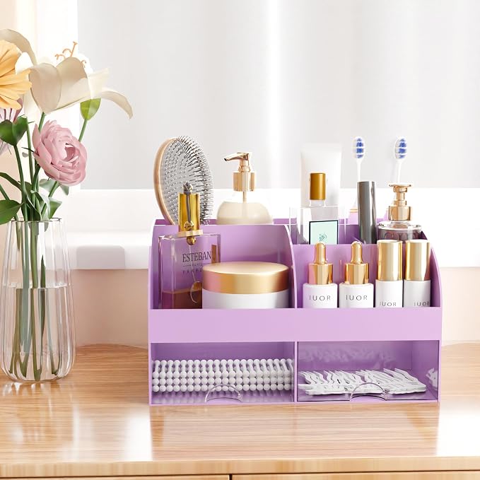 Makeup Organizer with Drawers, Cosmetic Storage for Dresser Vanity and Bathroom Countertop, Beauty Holder for Lipstick Brush, Skincare Organizer for Vanity, Cosmetic Display Case (Purple)