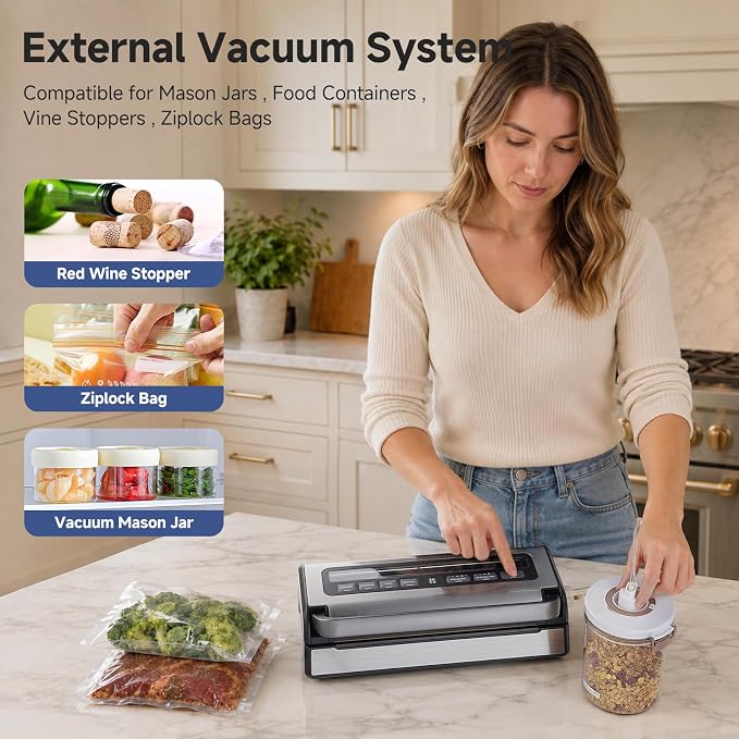 AAOBOSI 95KPa 9-in-1 Wet/Dry Vacuum Sealer, 8X Freshness | Seals Liquids,Meats &Wet/Dry Foods,95KPa Suction,1-Hand Lock,Smart Memory,Removable Drip Tray,Built-in Cutter & Starter Kit