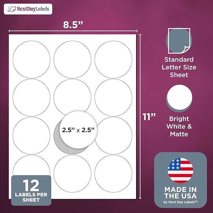 NextDayLabels 2.5 Inch Round Circle Stickers White Blank Labels for Laser Inkjet Printer - 12 Per Sheet Self-Adhesive Product Packaging Logo Made in USA - 600 Labels