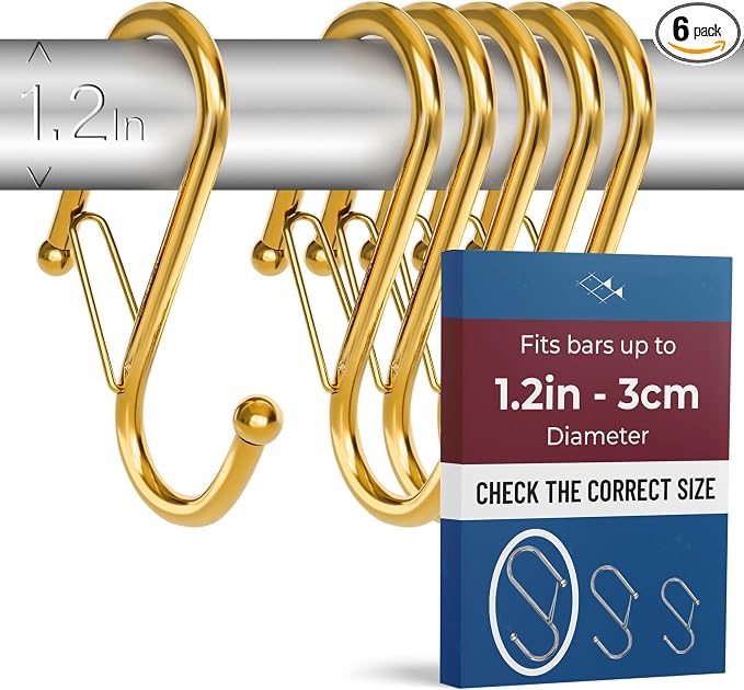 6-Pack Metal S Hooks for Hanging – Heavy-Duty S-Shaped Hooks with Safety Buckle – Fits Bars up to 1.2 in – Anti-Drop S-Hooks for Closet, Wardrobes & Storage – Gold (Large)