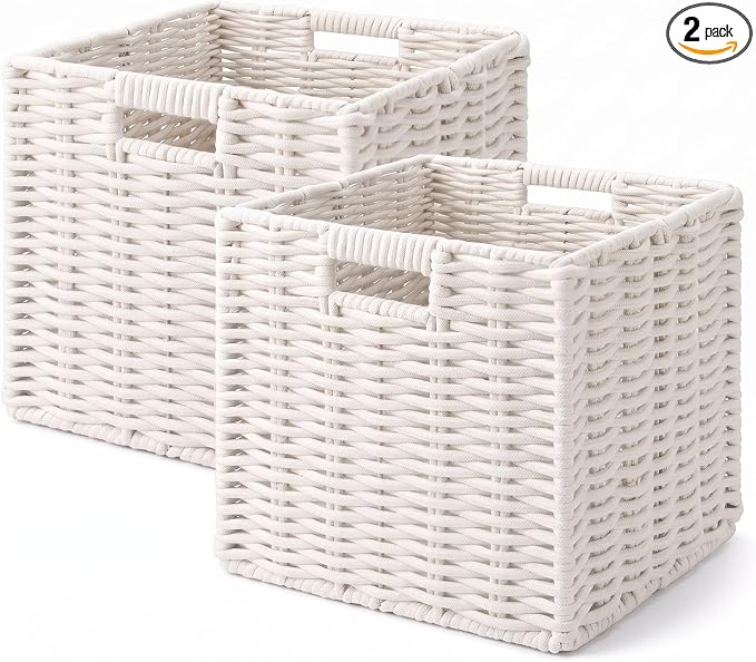 Cotton Rope Cube Storage Baskets Set of 2, 11 Inch Foldable Cubby Organizer Bins with Handles, Handwoven Square Basket for Organizing, Cube Closet Storage Bins for Shelves, Home Decor (White 2 Pack)