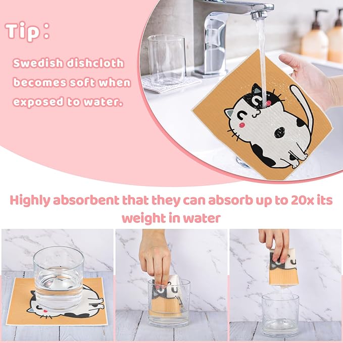 6 Pack Swedish Dishcloths for Kitchen, Cat Gifts for Cat Lovers Swedish Rags Absorbent Dish Cloth with Adhesive Clips, Reusable Paper Towels No Odor for Countertop Sink Kitchen Cat Mom Gift for Women