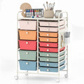 DREAMADE 15-Drawer Rolling Storage Cart, Craft Organizer Cart, Macaron | Mobile Utility Cart with Metal Pegboard Panels, Tabletop and Lockable Wheels for Classroom, Office, Studio and Playroom
