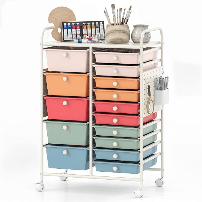 DREAMADE 15-Drawer Rolling Storage Cart, Craft Organizer Cart, Macaron | Mobile Utility Cart with Metal Pegboard Panels, Tabletop and Lockable Wheels for Classroom, Office, Studio and Playroom