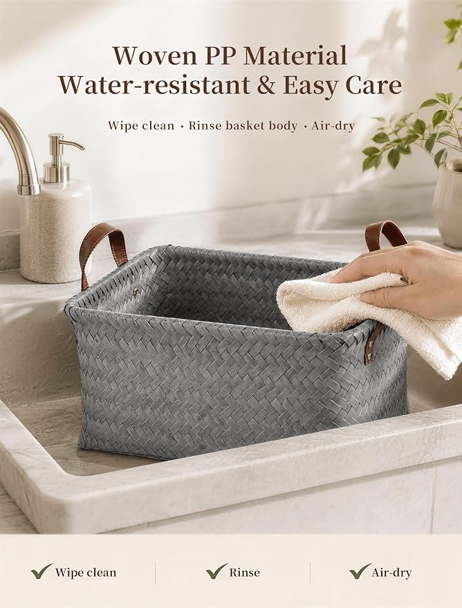 Hand Woven Baskets for Storage, 4Pcs Water-Resistant Wicker Baskets, Grey Wicker Storage Baskets for Shelves, Large Basket with Handle for Organizing, Clothes, Laundry, Blanket - Rectangular