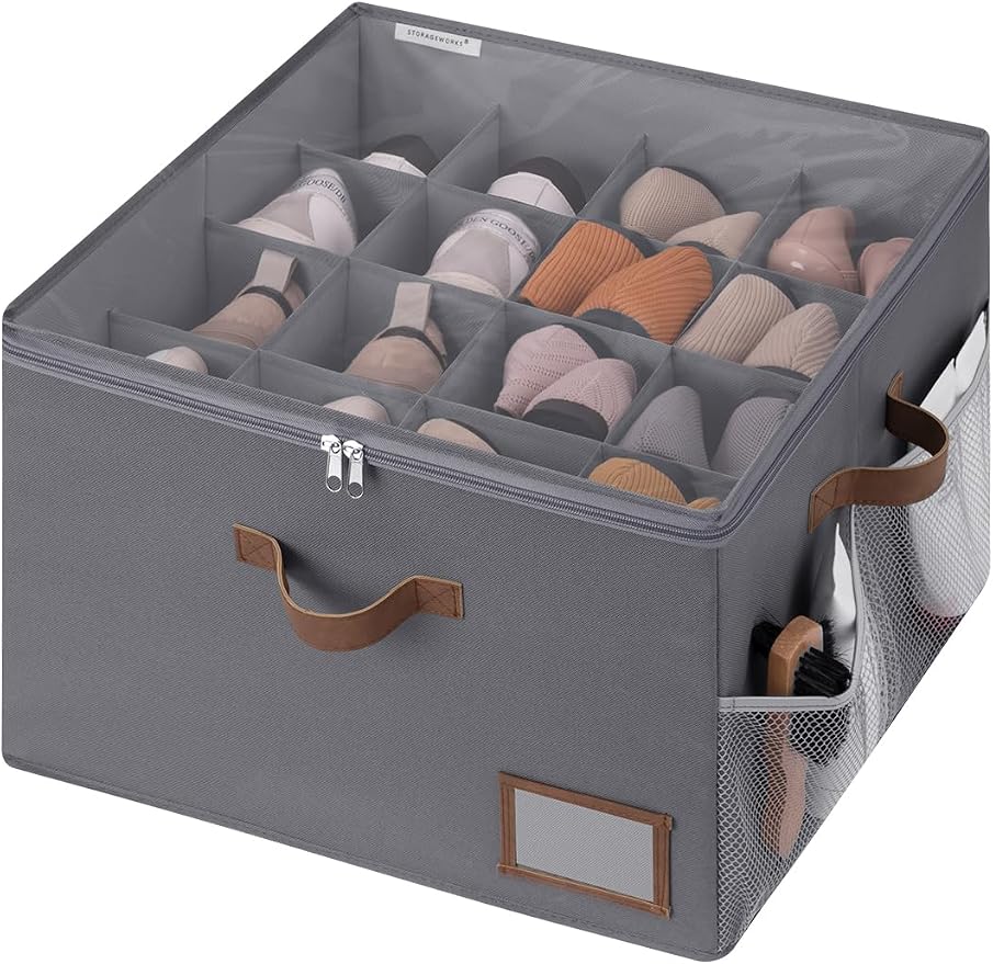 StorageWorks Fabric Shoe Storage Organizer for Closet, Up to 16 Pairs, Gray | Fixed Compartments, Clear Lid & Label Window, Side Mesh Pocket for Accessories, Soft Handles, Fits Flats, Sandals & Low-Tops