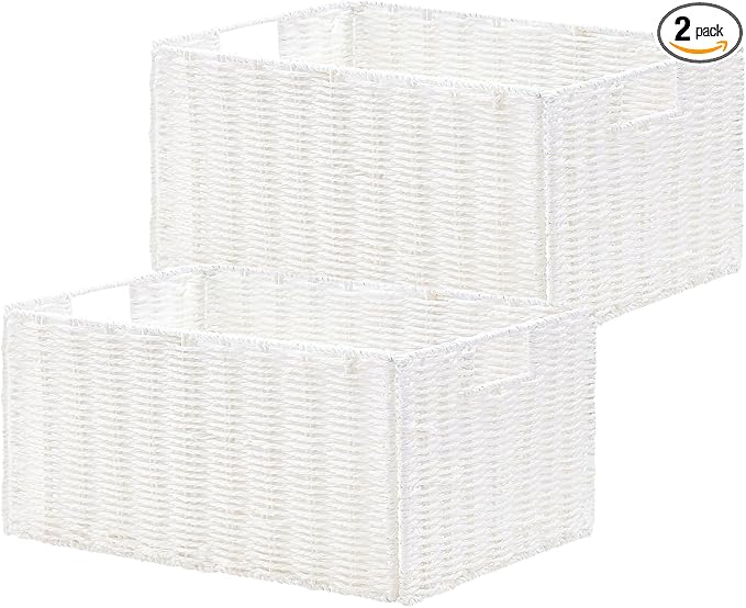 Vagusicc Wicker Storage Basket, Set of 2 Hand-Woven Paper Rope Wicker Basket, Small Storage Baskets for Organizing Toilet Paper Basket, Foldable Large Cube Storage Organizer Bins for Shelves (White)