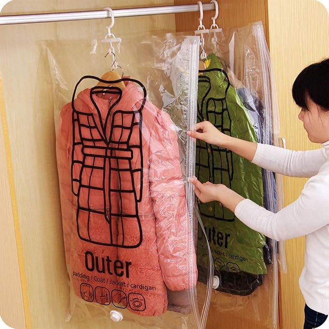 Hanging Vacuum Storage Bags, 2Pcs Space Saver Garment Bags for Clothes, Dresses, Coats, Reusable Vacuum Seal Storage Bags with Hangers, for Dresses, Coats, Down Jackets(S 4Pcs)