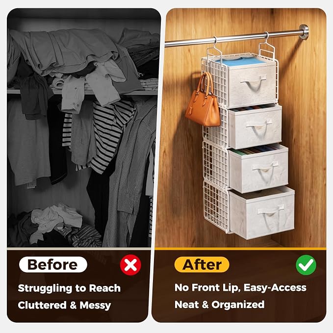 4 Tier Hanging Closet Organizer with 4 Drawers, Metal Closet Organizers and Storage with 4 Hanging Hooks for Wardrobe Laundry Room Garage, Wire Storage Shelf for Clothes Sweaters Pants, White