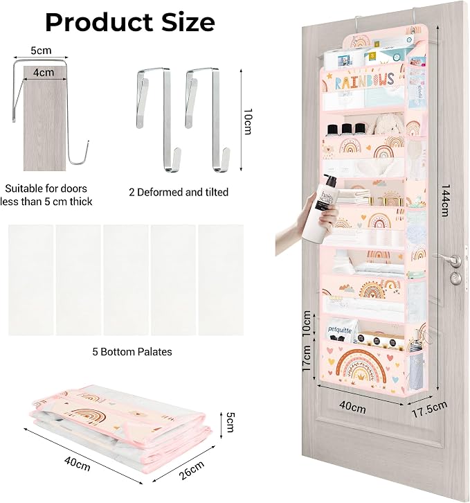 Clastyle Over the Door Organizer Diaper Toy Nursery Hanging Shelf, Boho | Pink Rainbow, 5-Tier Clear Window Mesh Pocket 44 lbs Weight Capacity, Behind Door Storage, Bedroom Bathroom Closet Pantry