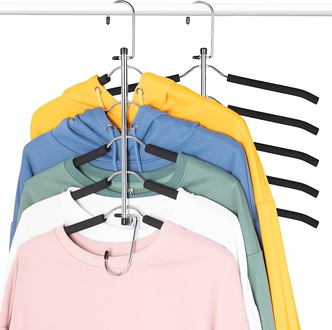Space Saving Clothes Hangers – 5-in-1 Shirt & Coat Hangers with Non-Slip Foam, Stainless Steel Tiered Closet Organizer for Sweatshirts, Hoodies, Sweaters, T-Shirts – 2 Pack by ZNBEN