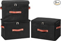 3PCS Storage Bins Boxes with Zippered Lids Cotton Linen Fabric Decorative Basket PU Leather Handles PP Plastic Board Foldable Lidded Clothing Shelf Closet Organizer Container (Black, Large)