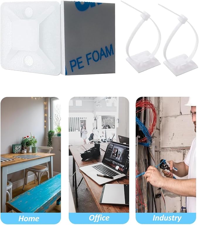 Strong Back-Glue Self Adhesive Cable Zip Tie Mounts Kit - 100 Set Cable Management Clips with 6" Zip Ties, Wire Holders - Outdoor Sticky Wire Organizer Clips - White
