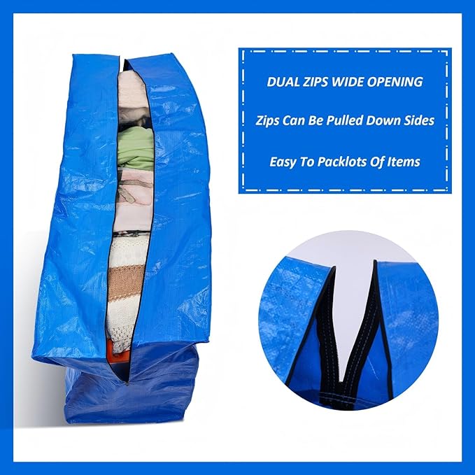 Windyun 4 Pack 69 Gallon Extra Large Moving Bags XXL Heavy Duty Storage Bag with Strong Zipper Handle Jumbo Big Tote Box Foldable for College Dorm Travel Clothes Duffle Blanket Pillow(Blue)
