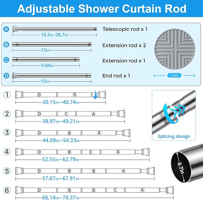 MEXAU Spring Tension Curtain Rod 31-76 Inch Silver No Drilling Adjustable Spring Loaded 7/8" Diameter for Window Bathroom Closet Doorway Door