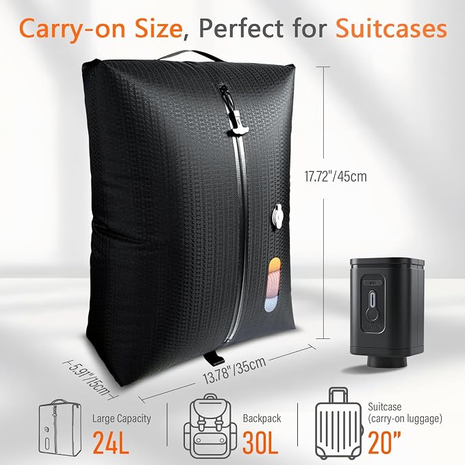 Travel Vacuum Bags With Pump, IPX7 Waterproof Travel Essentials Vacuum Compression Bags, 24L Capacity Cordless Travel Vacuum Bag Set Ideal for Carry-On Suitcases, Backpacks & Home Storage (1pc + Pump)